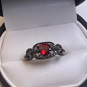 Raspberry Rhodolite and Black Spinel Sterling Silver Ring - NWT